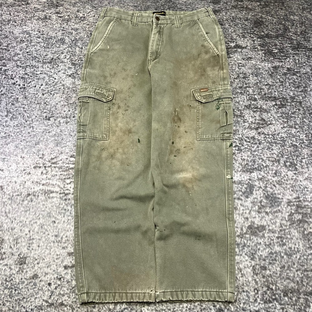 Stanley Cargo‎ Pants Fleece Lined Mens 31x28 Green Distressed Faded Workwear